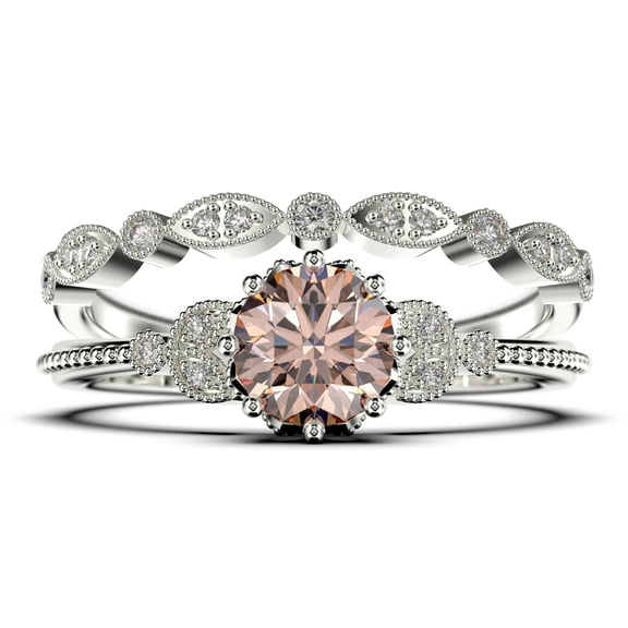 Beautiful 1.75 Carat Round Cut Morganite And Diamond Moissanite Floral Engagement Ring, Antique Wedding Ring, One Matching Band in 925 Sterling Silver With 18k White Gold Plating, Gift For Her