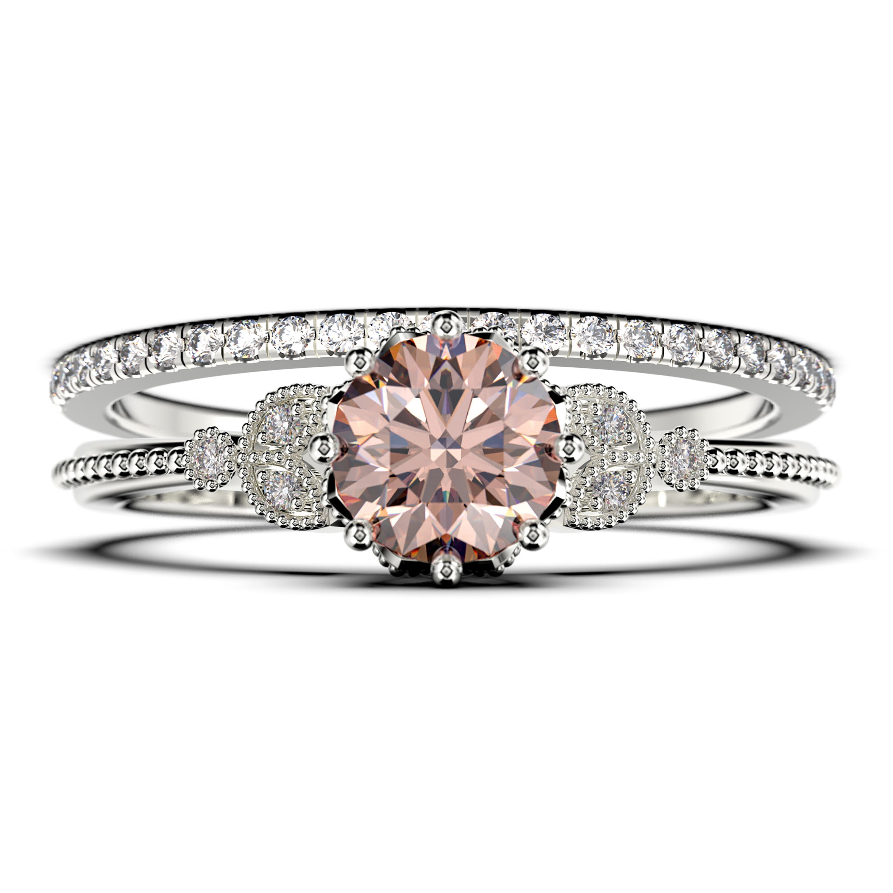 Beautiful 1.75 Carat Round Cut Morganite And Diamond Moissanite Floral ...