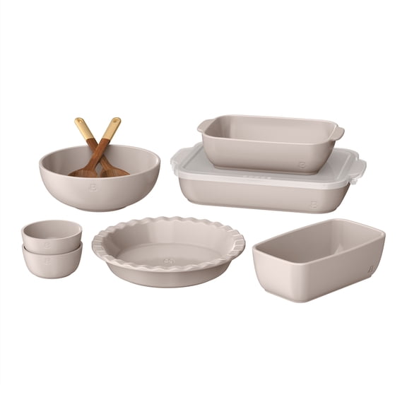 Beautiful 10-Piece Ceramic Stoneware Bakeware Set with Baking Dishes, Serving Bowl & Acacia Wood Tools, Porcini Taupe by Drew Barrymore