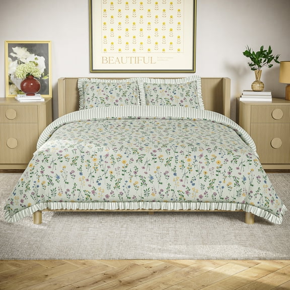 Beautiful 100% Cotton Botanical 3-Piece Sage Green Comforter Set, Full/Queen by Drew Barrymore