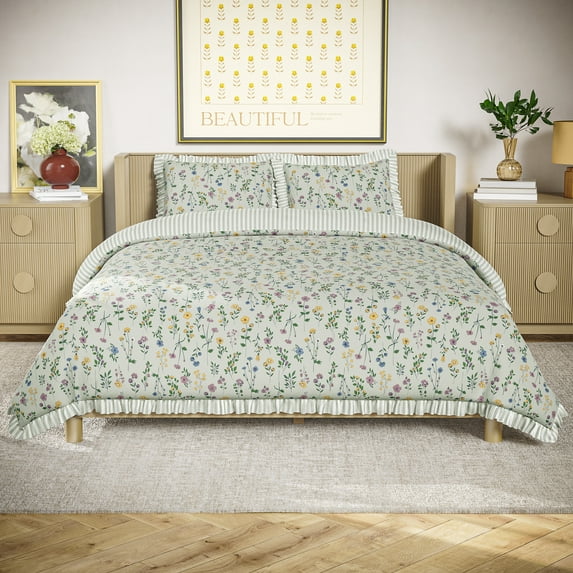 Beautiful 100% Cotton Botanical 3-Piece Sage Green Comforter Set, Full/Queen by Drew Barrymore
