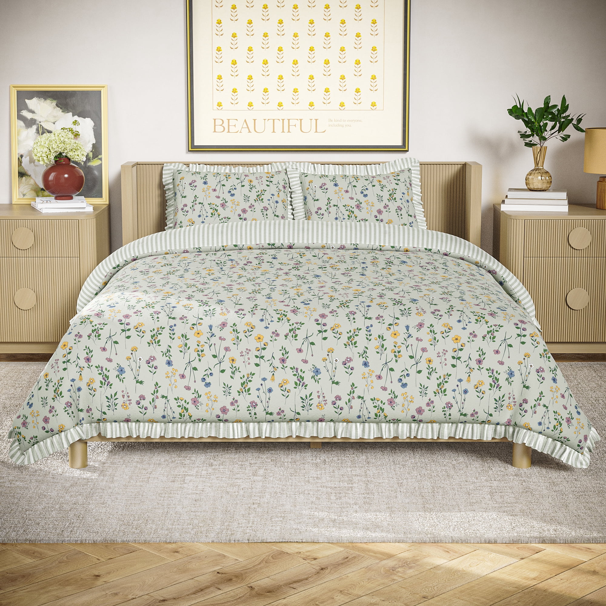 Beautiful 100% Cotton Botanical 3-Piece Sage Green Comforter Set, King by Drew Barrymore