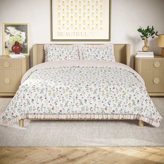 Beautiful 100% Cotton Botanical 3-Piece White Comforter Set, King by Drew Barrymore