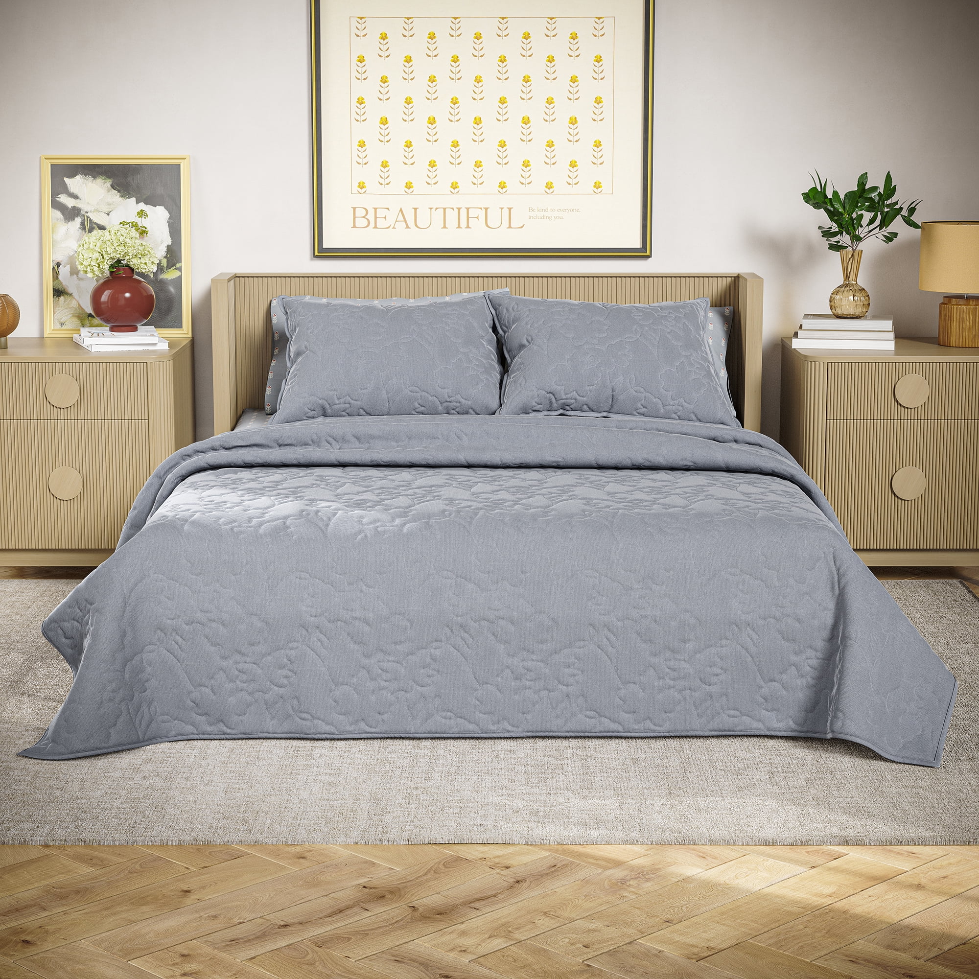 Beautiful Floral Stitched Cornflower Blue Quilt, King by Drew Barrymore - Walmart.com