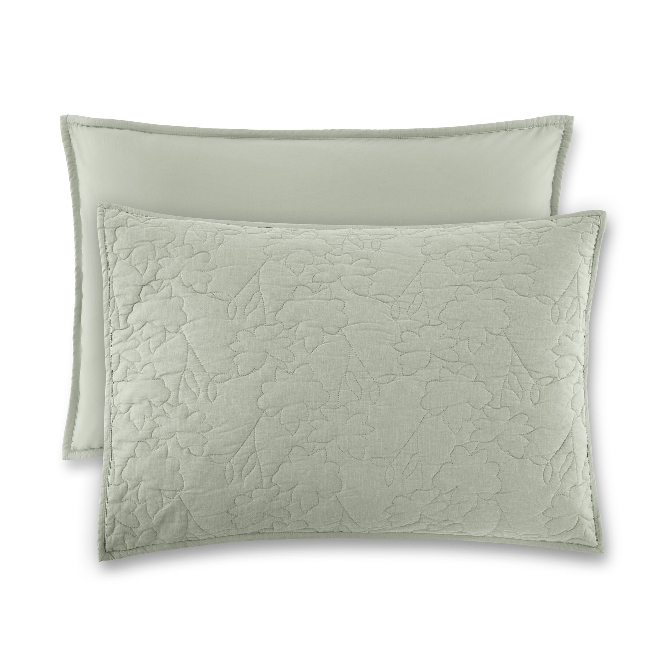 Beautiful 100% Cotton Floral Stitched Sage Green Sham Set, Standard/Queen, 2-Piece by Drew Barrymore