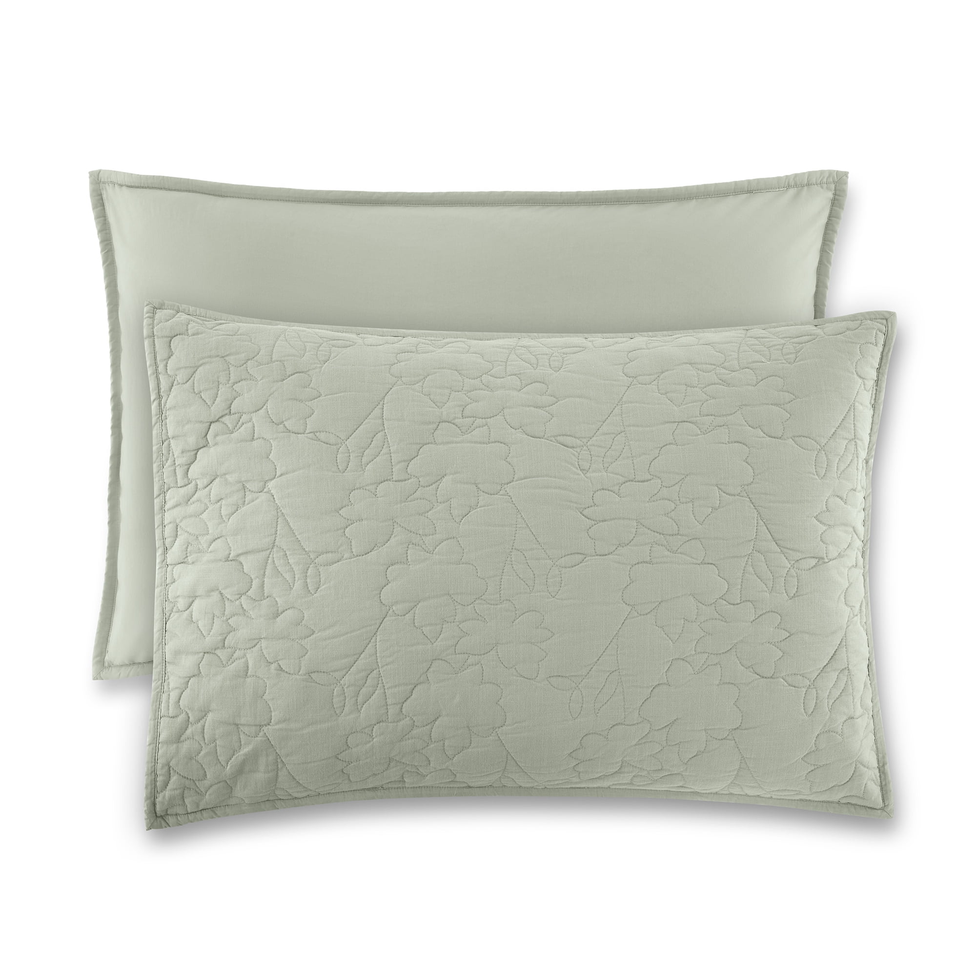 Beautiful 100% Cotton Floral Stitched Sage Green Sham Set, Standard/Queen, 2-Piece by Drew Barrymore