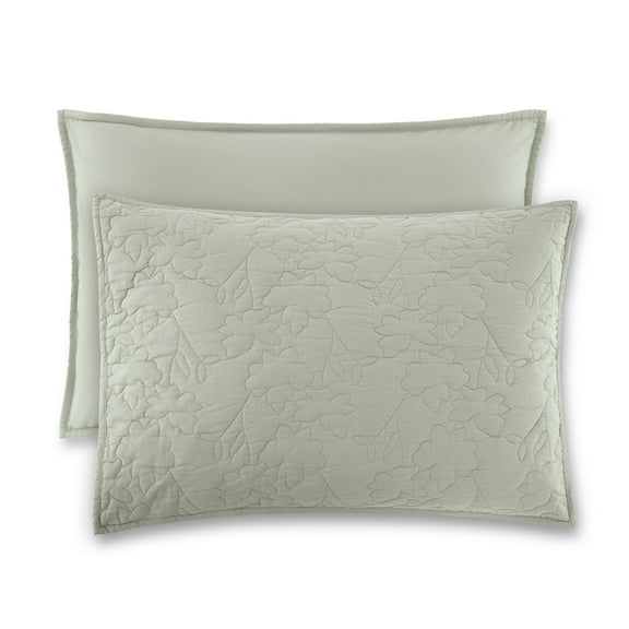 Beautiful 100% Cotton Floral Stitched Sage Green Sham Set, Standard/Queen, 2-Piece by Drew Barrymore