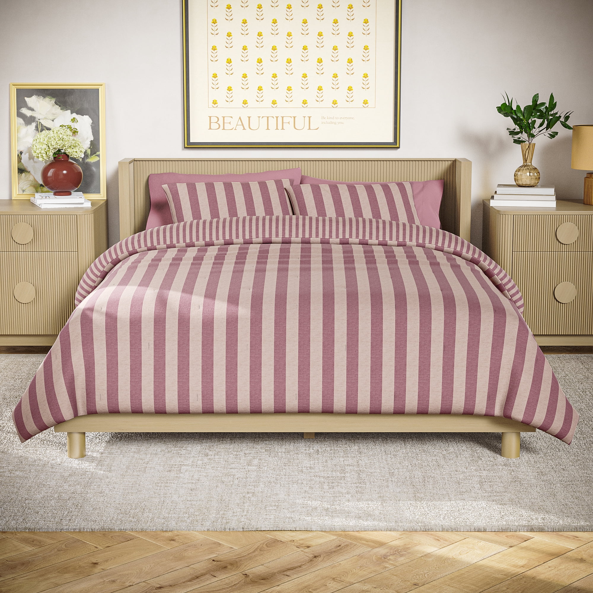 Beautiful 100% Cotton Striped 3-Piece Rosé Pink Comforter Set, King by Drew Barrymore
