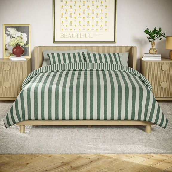 Beautiful 100% Cotton Striped 3-Piece Sage Green Comforter Set, Full/Queen by Drew Barrymore