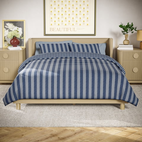 Beautiful 100% Cotton Striped 3-Piece Starry Night Blue Comforter Set, King by Drew Barrymore