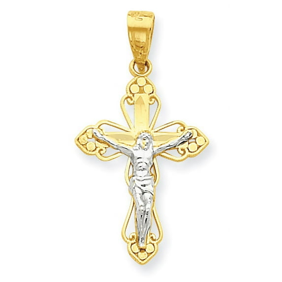 Beautiful 10K w/Rhodium Filigree Crucifix Pendant