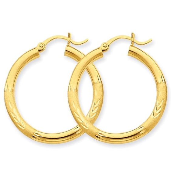 Beautiful 10k Satin & Diamond-cut 3mm Round Hoop Earrings