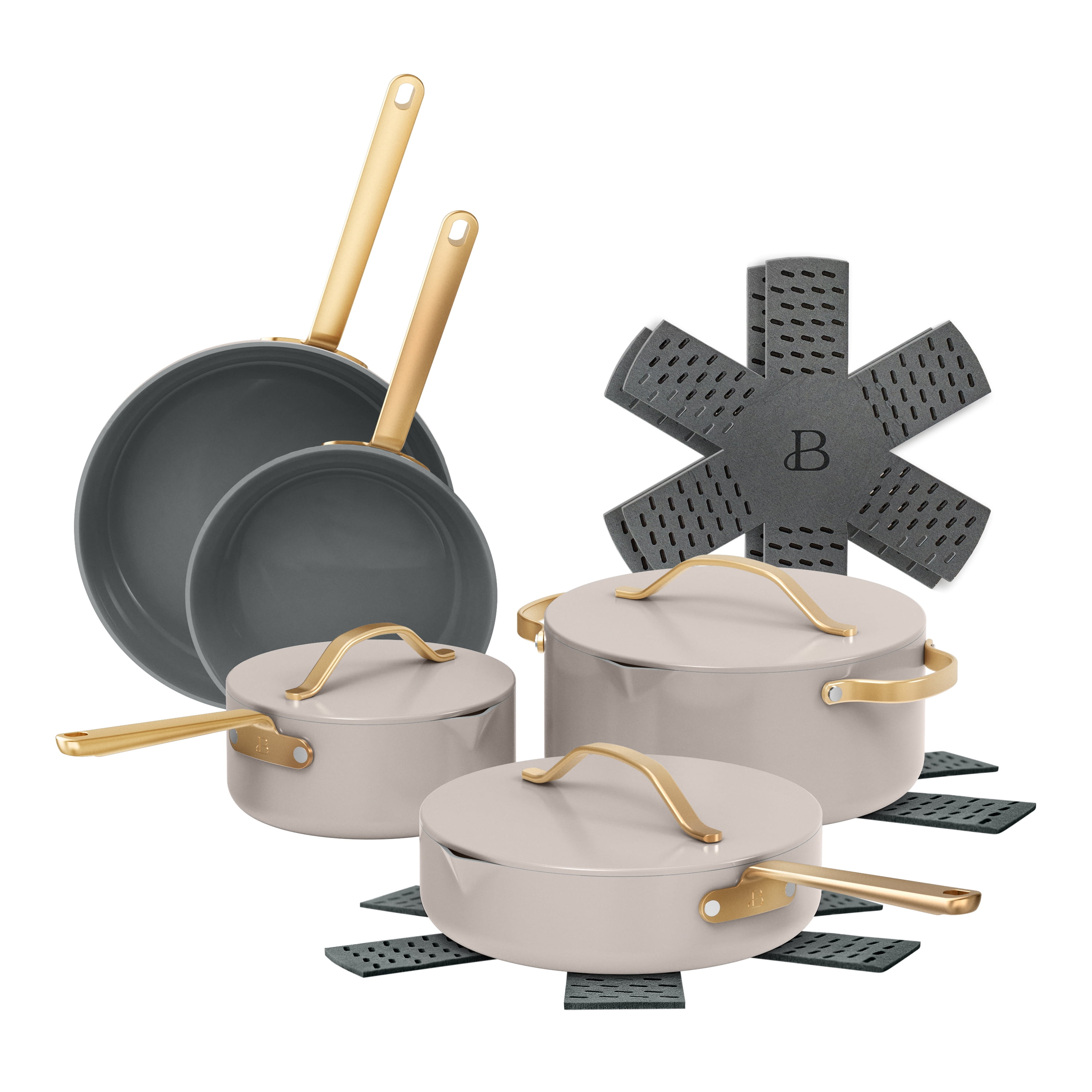 Beautiful 12-Piece Ceramic Nonstick Cookware Set, Pots and Pans with Strainer Lids, Porcini Taupe by Drew Barrymore