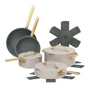 Beautiful 12-Piece Evergood Non-Toxic Ceramic Nonstick Coating Cookware Set, Pots and Pans with Strainer Lids, Porcini Taupe by Drew Barrymore