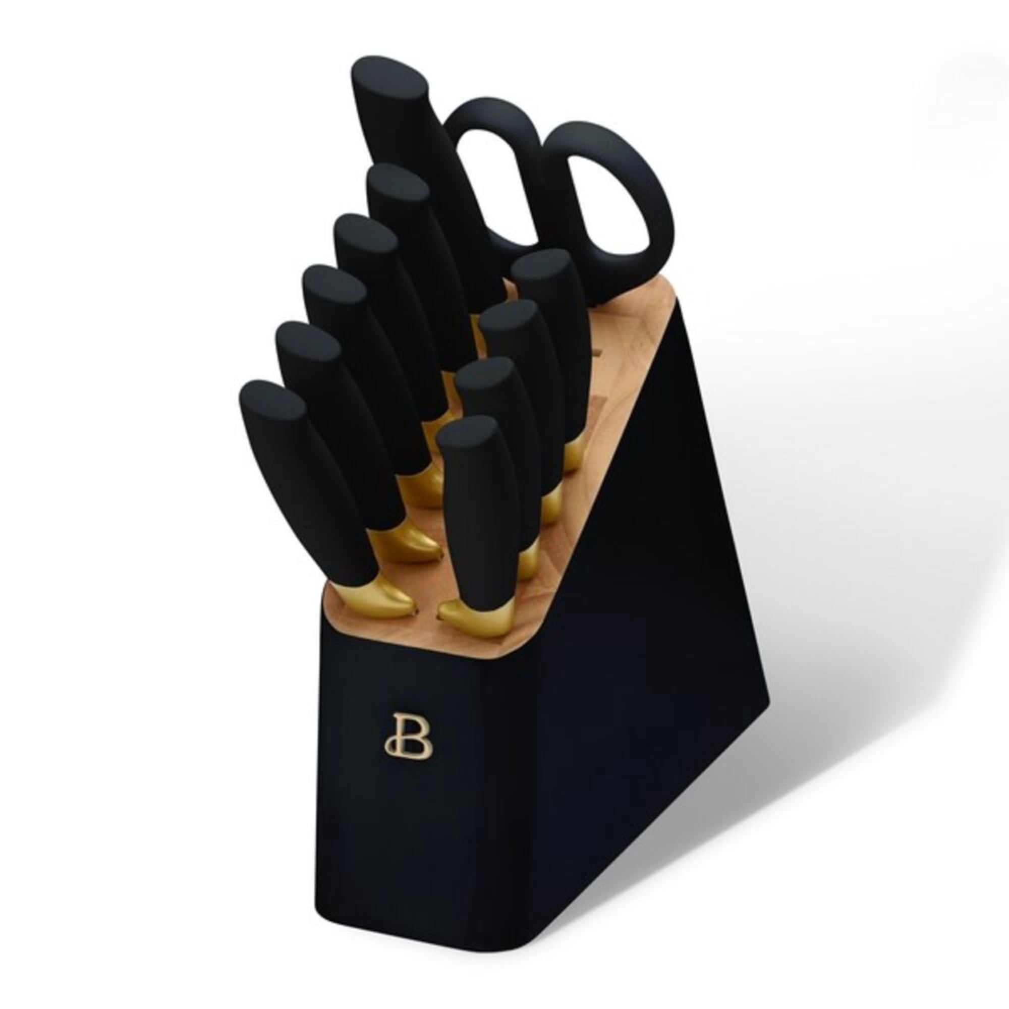 Beautiful 12 Piece Stainless Steel Knife Set Block Soft Grip Ergonomic Handles Black by Drew Barrymore, root crops tools