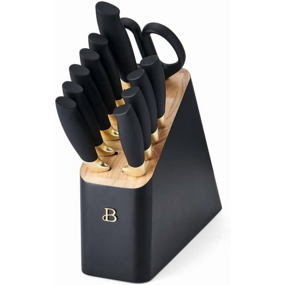 Beautiful 12 Piece Stainless Steel Knife Set Block Soft Grip Handles Black Sesame