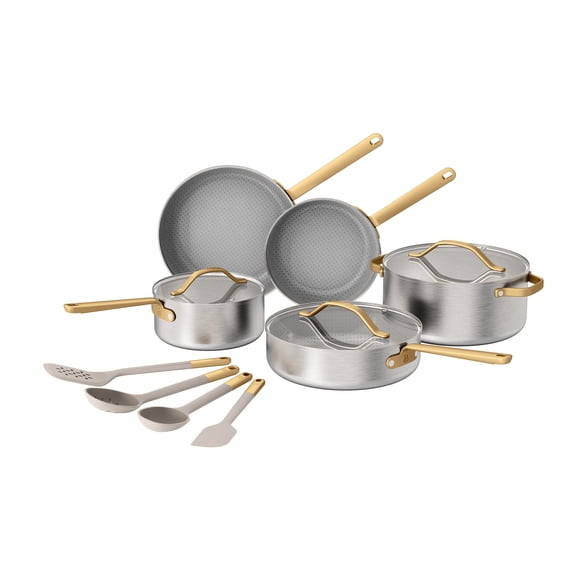 Beautiful 12-Piece Hybrid Tri-Ply Stainless Steel Cookware Set, Ceramic Nonstick Pots & Pans with Glass Lids & Kitchen Utensils by Drew Barrymore