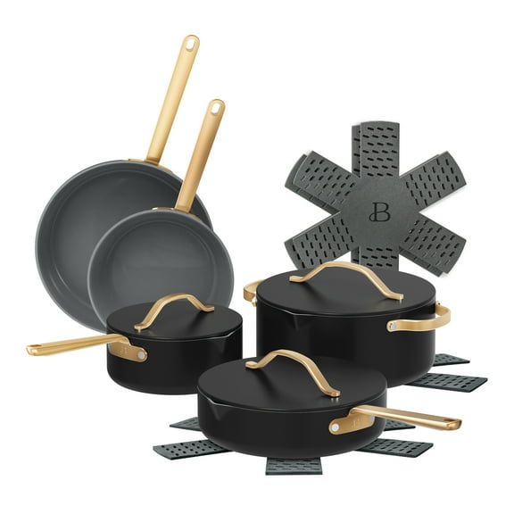 Beautiful 12pc Ceramic Non-Stick Cookware Set with Strainer Lids, Black Sesame by Drew Barrymore