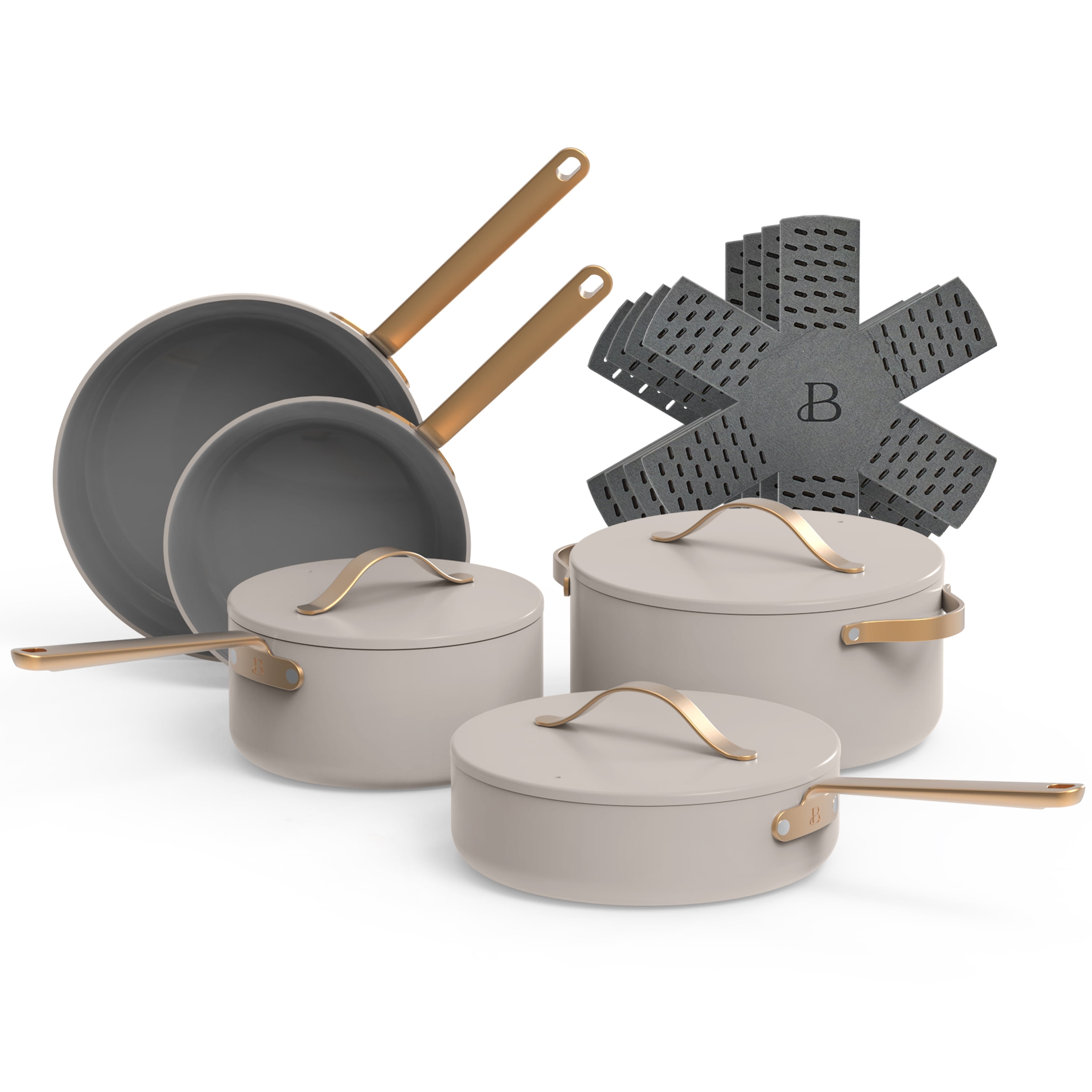 Beautiful 12pc Ceramic Non-Stick Cookware Set, Porcini Taupe by Drew Barrymore - Walmart.com
