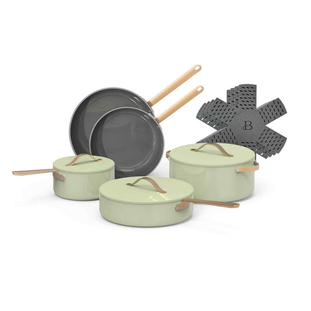 Beautiful 12pc Ceramic Non-Stick Cookware Set, Sage Green by Drew Barrymore