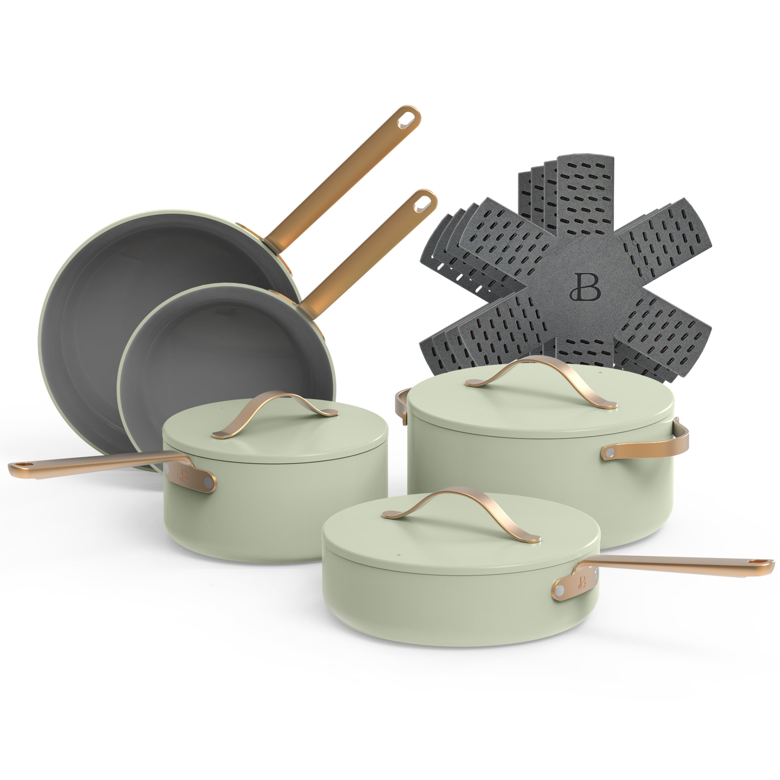 Beautiful 12pc Ceramic Non-Stick Cookware Set, Sage Green by Drew Barrymore  