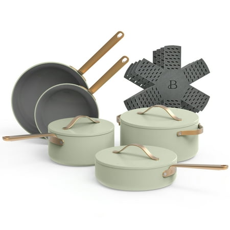 Beautiful 12pc Ceramic Non-Stick Cookware Set, Sage Green by Drew Barrymore