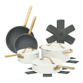 Beautiful 12-Piece Cookware Set, Pots and Pans with Strainer Lids and EverGood Ceramic Nonstick Coating, White Icing by Drew Barrymore