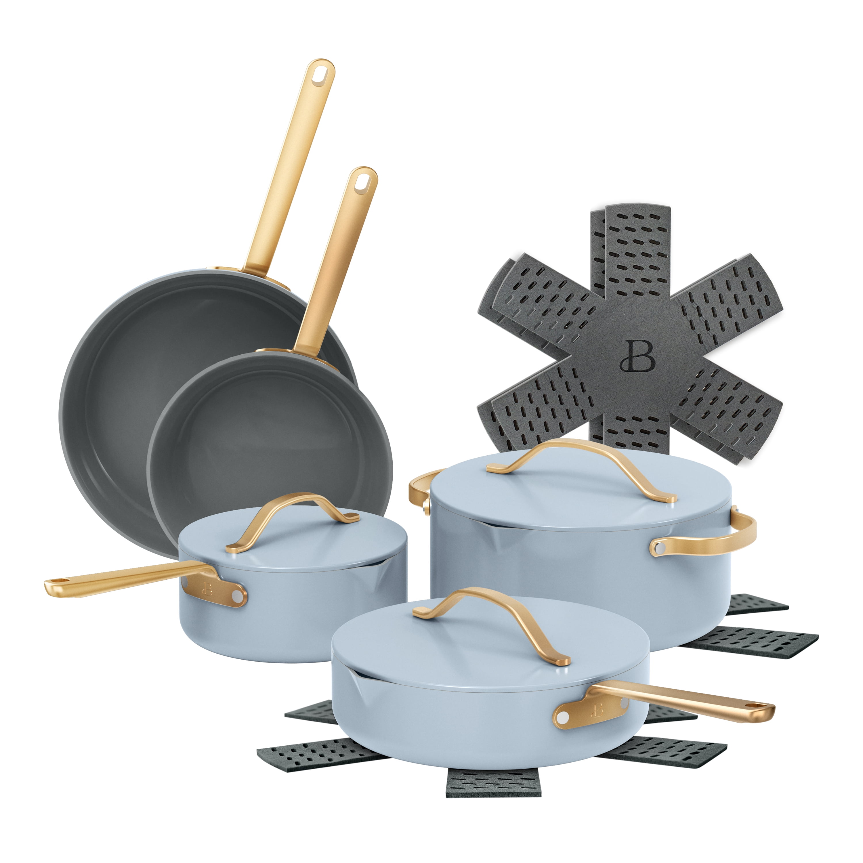 Beautiful 12-Piece Ceramic Nonstick Cookware Set, Pots and Pans with Strainer Lids, Cornflower Blue by Drew Barrymore