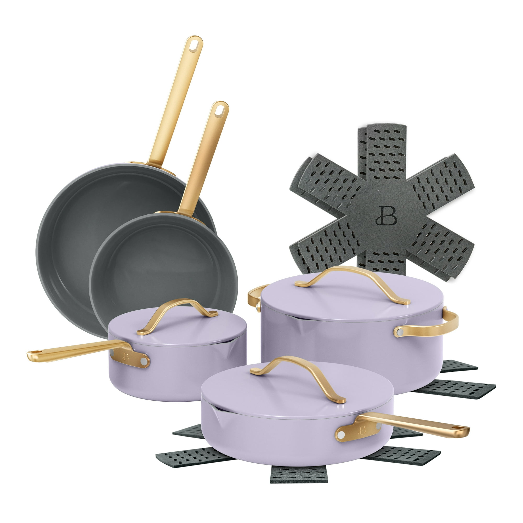 Beautiful 12-Piece Ceramic Nonstick Cookware Set, Pots and Pans with Strainer Lids, Lavender by Drew Barrymore
