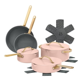 Beautiful 12-Piece Cookware Set, Pots and Pans with Strainer Lids and EverGood Ceramic Nonstick Coating, Rose by Drew Barrymore