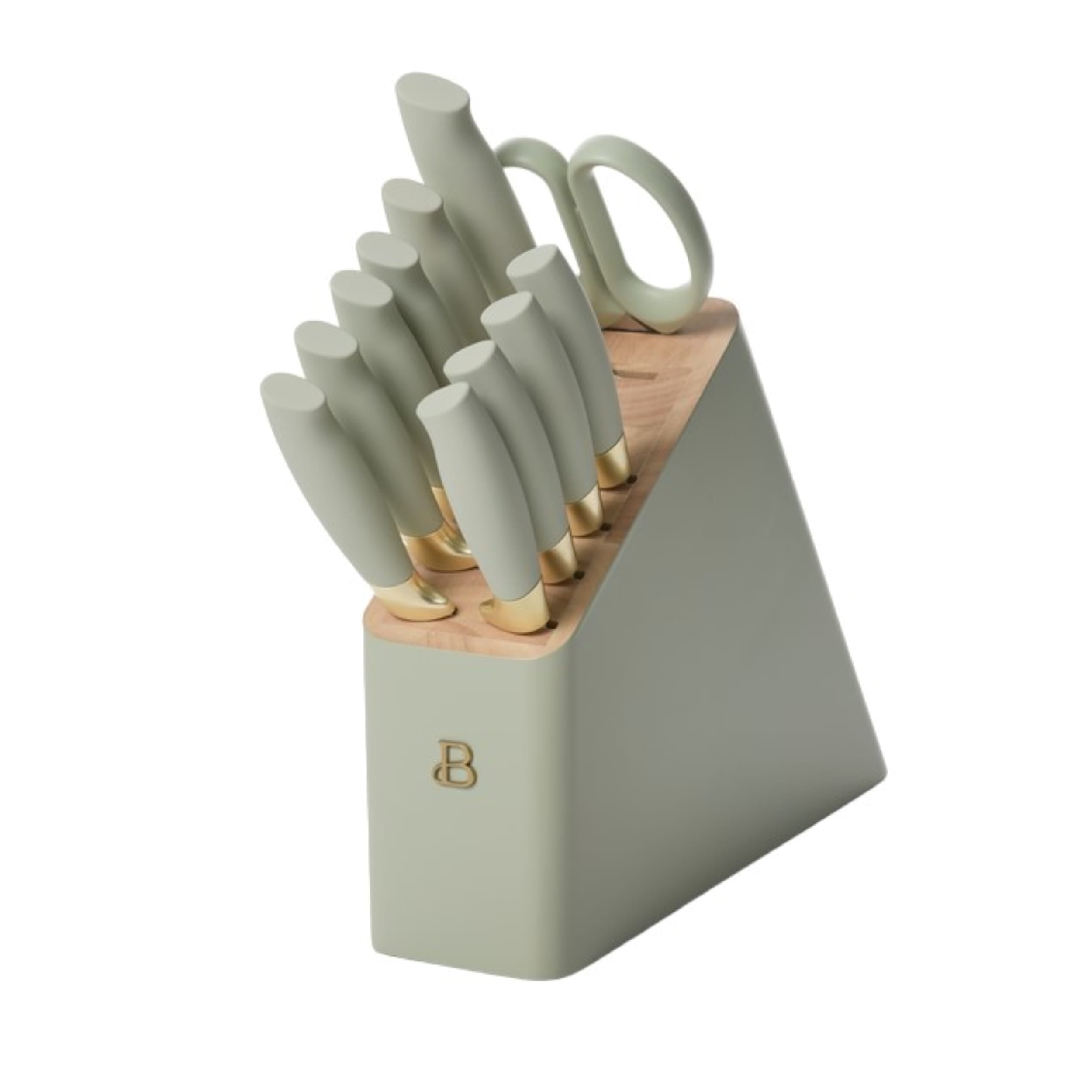 Free Shipping! Beautiful 12pc Sage Green Stainless Steel Knife Block Set, Soft-Grip Handles
