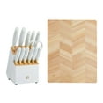 thumbnail image 1 of Beautiful 14-Piece White & Gold Knife Block Set with 11x14 Herringbone Wood Cutting Board by Drew Barrymore, 1 of 13