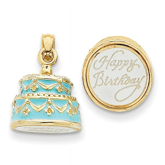Beautiful 14K 3-D Aqua Blue Enameled HAPPY BIRTHDAY Cake Pendant