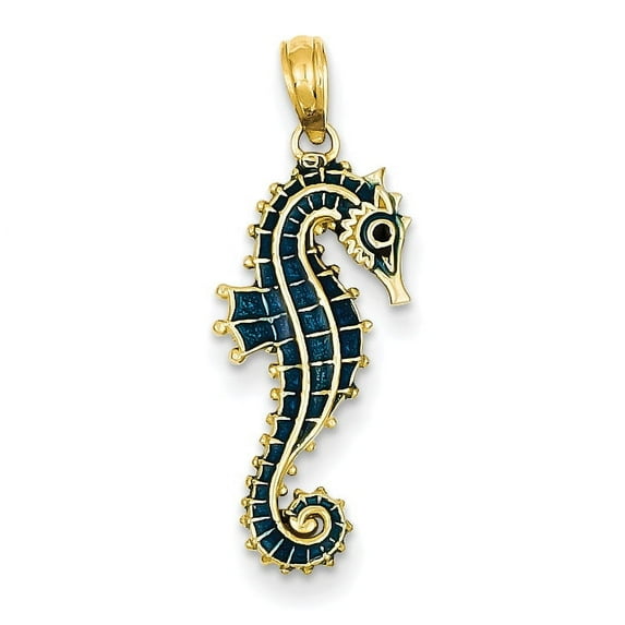 Beautiful 14K 3-D Blue Enameled Seahorse Pendant
