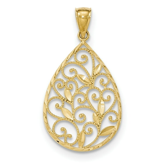 Beautiful 14K Gold Polished / Textured Filigree Teardrop Pendant