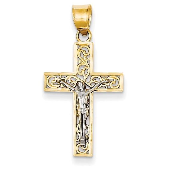 Beautiful 14K Two-Tone D/C Small Block Filigree Crucifix Pendant
