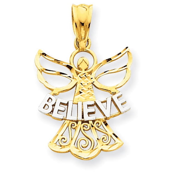 Beautiful 14K W/Rhodium BELIEVE Angel Pendant