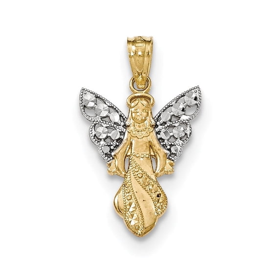 Beautiful 14K W/Rhodium Polished / Textured Angel Pendant