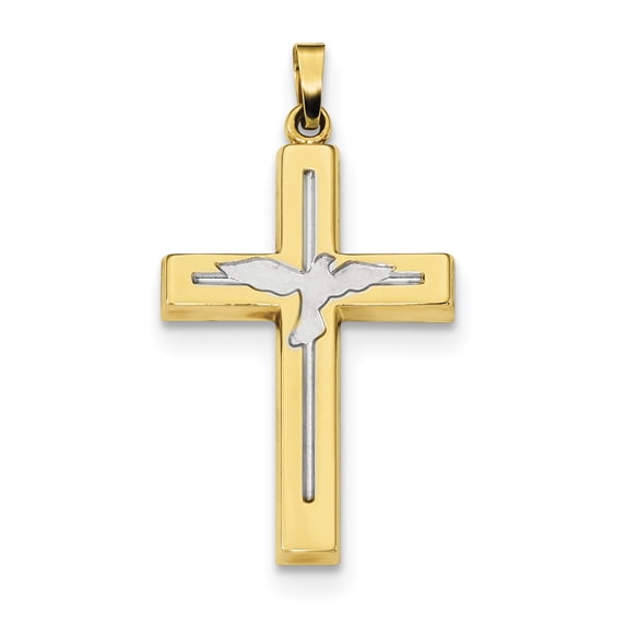 Beautiful 14K W/Rhodium Polished and Satin Cross W/Dove Pendant