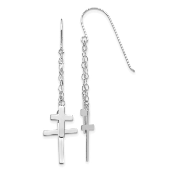 Beautiful 14K White Gold Chain Dangle Cross Shepherd Hook Earrings