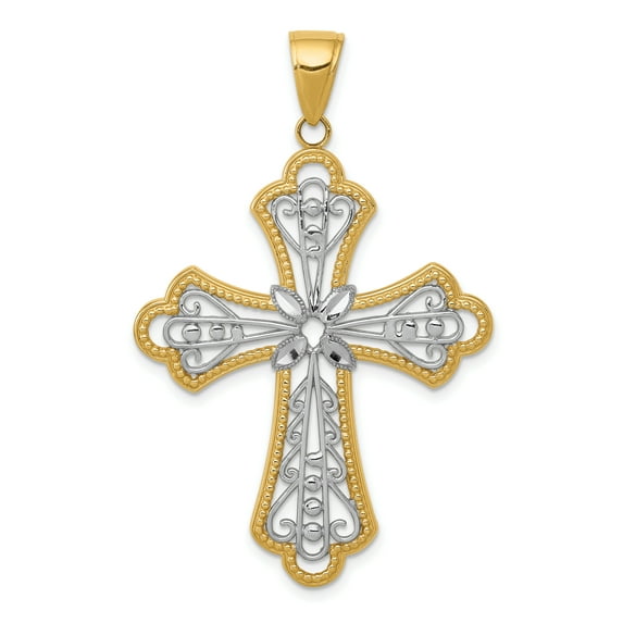 Beautiful 14K w/Rhodium Diamond-cut Filigree Cut-out Cross Pendant