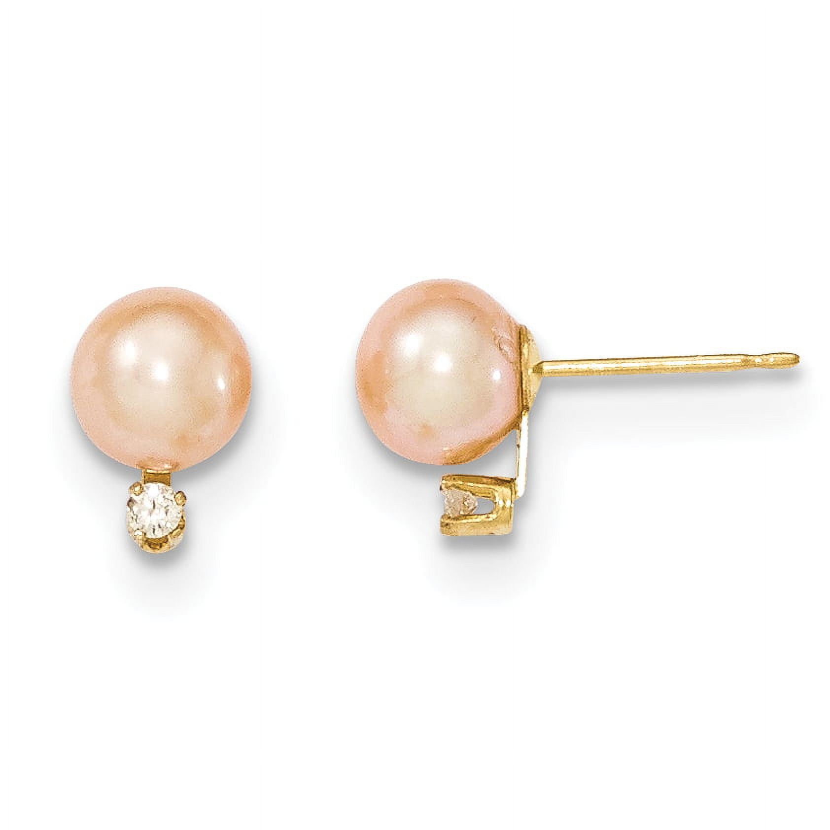 Beautiful 14k 6-7mm Pink Round Freshwater Cultured Pearl .06ct Diamond Post  Earrings