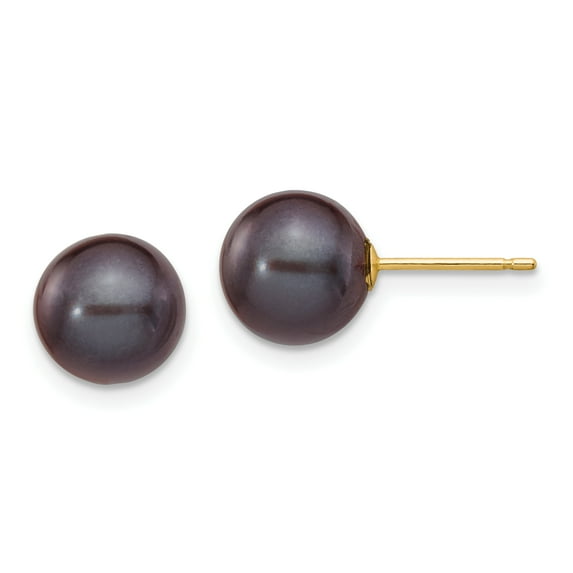 Beautiful 14k 8-9mm Black Round Freshwater Cultured Pearl Stud Post Earrings