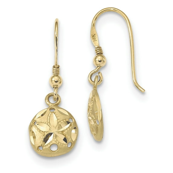 Beautiful 14k Polished & Satin Diamond-cut Sand Dollar Shepherd Hook Earrings
