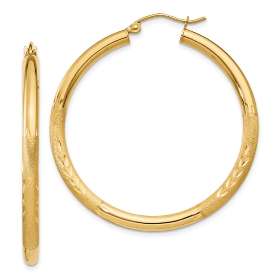 Beautiful 14k Satin & Diamond-cut 3mm Round Hoop Earrings