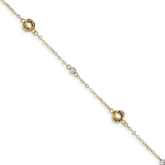 Beautiful 14k Two-tone D/C Love Knot & Bead on Small Heart Link Bracelet