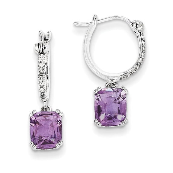Beautiful 14k White Gold Diamond and Amethyst Dangle Hoop Earrings