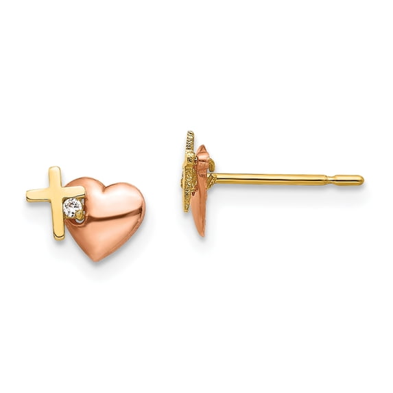 Beautiful 14k Yellow & Rose Gold Madi K CZ Heart and Cross Post Earrings