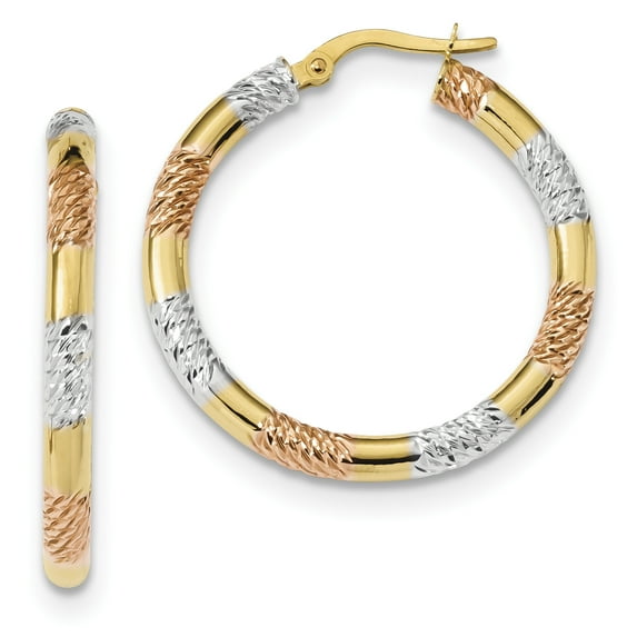 Beautiful 14k with Rose and White Rhodium Diamond-cut 3.0mm Hoop Earrings