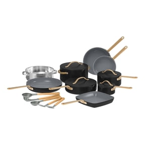 Beautiful by Drew Barrymore 18-Piece Cookware Set, EverGood Ceramic Nonstick Pots & Pans with Strainer Lids, Utensils, Black Sesame